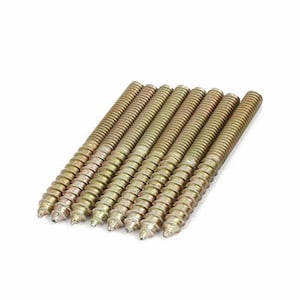 May include: A set of six gold-colored threaded metal rods with pointed ends.