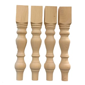 May include: Four unfinished wooden table legs with a turned design. The legs are square at the top and round at the bottom.