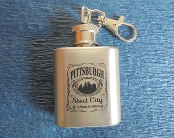 American Vintage Stainless Steel Miniature 1 OZ Hip Flask Key Ring, Steel City Pittsburgh Silhouette Design, All American Original Hip Flask