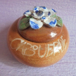 African Vintage Pottery Cape Verdean Handmade Circle Lidded Trinket Box Purple Flower on the Lid Decorative Jewel Box in Portuguese Style image 1