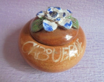 African Vintage Pottery- Cape Verdean Handmade Circle Lidded Trinket Box- Purple Flower on the Lid- Decorative Jewel Box in Portuguese Style