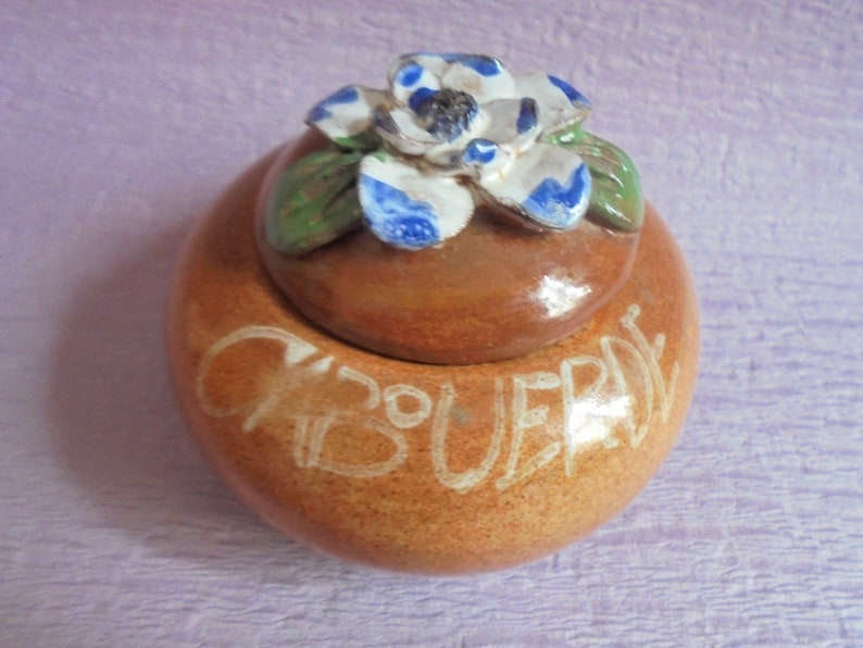 African Vintage Pottery Cape Verdean Handmade Circle Lidded Trinket Box Purple Flower on the Lid Decorative Jewel Box in Portuguese Style image 1