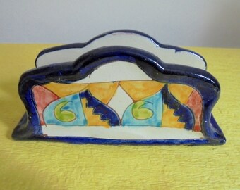 Italian Vintage Pottery Napkin Holder or Book Holder- Hand Painted Mysterious Italian Modern Art- Stylish Home Art Decor