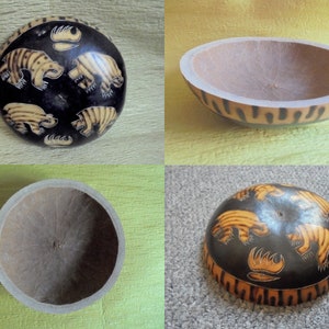 African Vintage Coconut Shell Bowl Plate Honey Badgers Hand Painted and Engraved Art Tribal Design Hand Crafted Coconut Decoration image 10