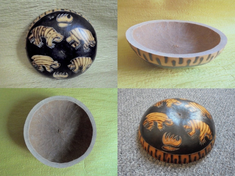 African Vintage Coconut Shell Bowl Plate Honey Badgers Hand Painted and Engraved Art Tribal Design Hand Crafted Coconut Decoration image 10