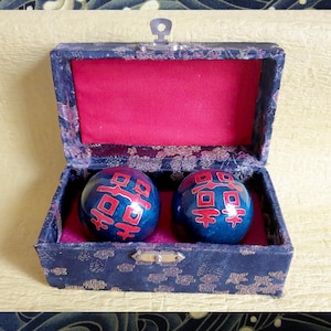 Chinese Vintage: Pair of Dark Blue Boading Balls in Black Fabric Box- Iron Balls, Sound Balls, Health Balls, Stress Relief Balls