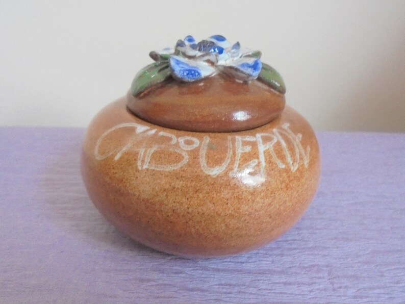 African Vintage Pottery Cape Verdean Handmade Circle Lidded Trinket Box Purple Flower on the Lid Decorative Jewel Box in Portuguese Style image 10