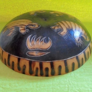 African Vintage Coconut Shell Bowl Plate Honey Badgers Hand Painted and Engraved Art Tribal Design Hand Crafted Coconut Decoration image 1