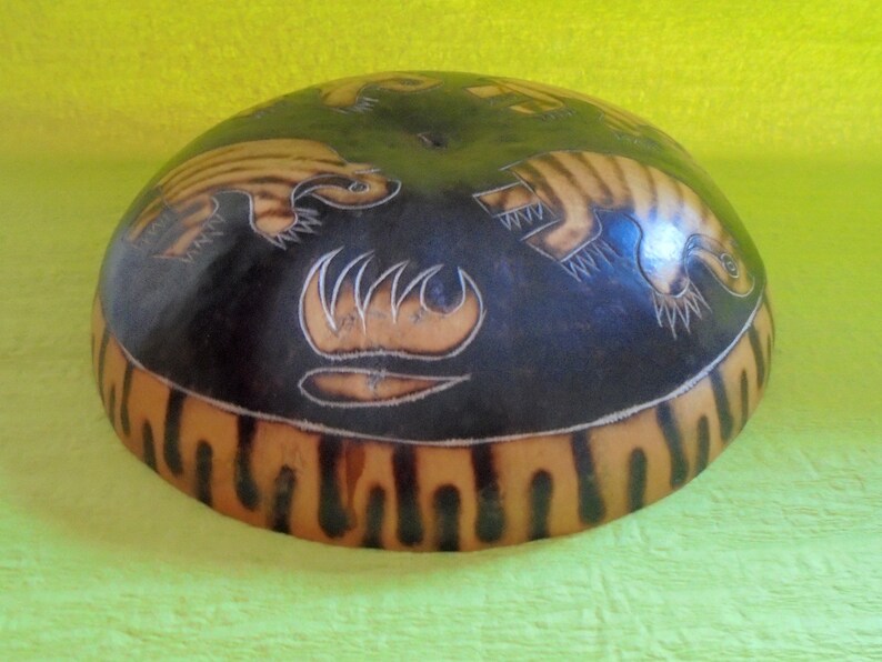 African Vintage Coconut Shell Bowl Plate Honey Badgers Hand Painted and Engraved Art Tribal Design Hand Crafted Coconut Decoration image 1