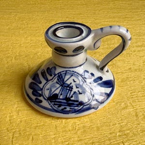 Dutch Delft Blue Pottery Candleholder with Handle- Hand Painted Art of Windmill