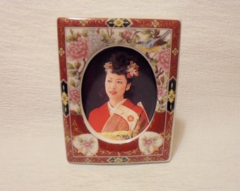 Japanese Pottery Artistic Photo Frame- Vermillion and White Colours- Pink Peony Flower and Blue Bird Oriental Design- Lovely asGift