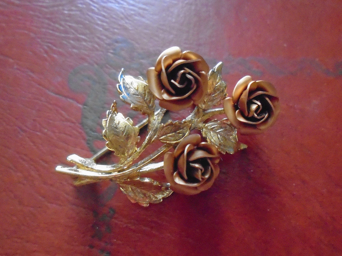 British Vintage Brooch H. Samuel Gold Plated Brown Rose in Etsy