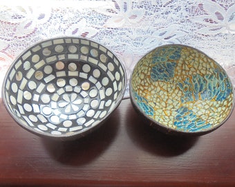 Vietnamese Hand Crafted Two Coconut Shell Bowls- Mother of Pearl Inlay- Artistic Mosaic- Vietnamese Vintage Handmade Natural Rattan Art