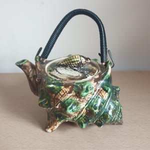 Majolica Conch Shell Design Ceramic Teapot- Spanish Vintage Green Brown Seashell Tableware