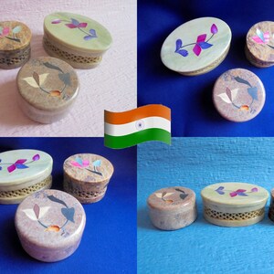 Indian Soap Stone Three Mini Trinket Boxes Mother of Pearl Flower Art Inlay on Lids Indian Vintage Set Circle and Oval Little Jewel Boxes image 2