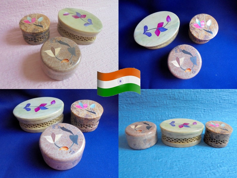 Indian Soap Stone Three Mini Trinket Boxes Mother of Pearl Flower Art Inlay on Lids Indian Vintage Set Circle and Oval Little Jewel Boxes image 2