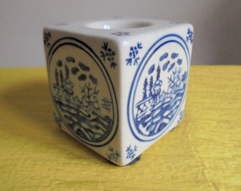 Cube Shape Pottery Candle Holder in Blue and White Colours- Oriental View Hand Painted Art on Sides- European Vintage Pottery Home Decor