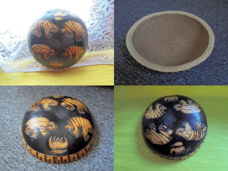 African Vintage Coconut Shell Bowl Plate Honey Badgers Hand Painted and Engraved Art Tribal Design Hand Crafted Coconut Decoration image 6