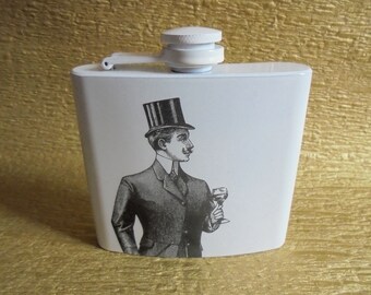 Stainless Steel White Hip Flask 5 oz- Folk Arts Silk Hat Gentleman & Sommelier Tasting Glass Wine- French Vintage- Gift for Gentleman