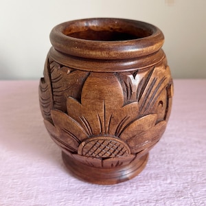 Indonesian Vintage: Java Hand Crafted Quality Wooden Trinket Jar- Hand Carved Flower Design