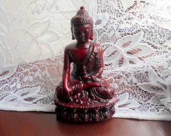 Thai Maroon Red Coloured Meditation Buddha Little Figurine- Vintage Statue Handmade in Thailand