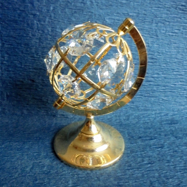 Austrian Swarovski Crystal Miniature Spinning Globe, 24KT Gold Plated, Austrian Vintage Desk Ornament, Table Decoration