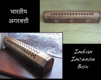 Indian Vintage Wooden Incense Holder- Pierced BOHO Décor Flower Design- Handmade South Asian Hard Wood Decorative Long Box