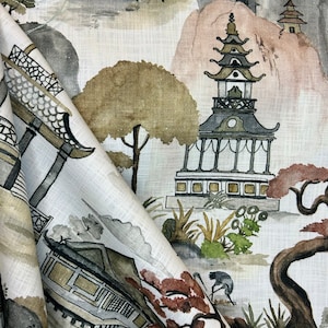 Nikko Antique Chinoiserie Fabric - Upholstery Fabric - Asian Inspired Fabric - Pagoda Fabric - Fabric by the Yard - Asian Toile