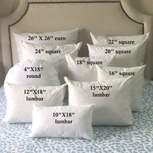 May include: A variety of white pillow inserts in different sizes and shapes, including euro, square, round, and lumbar. The pillow inserts are labeled with their dimensions in inches.