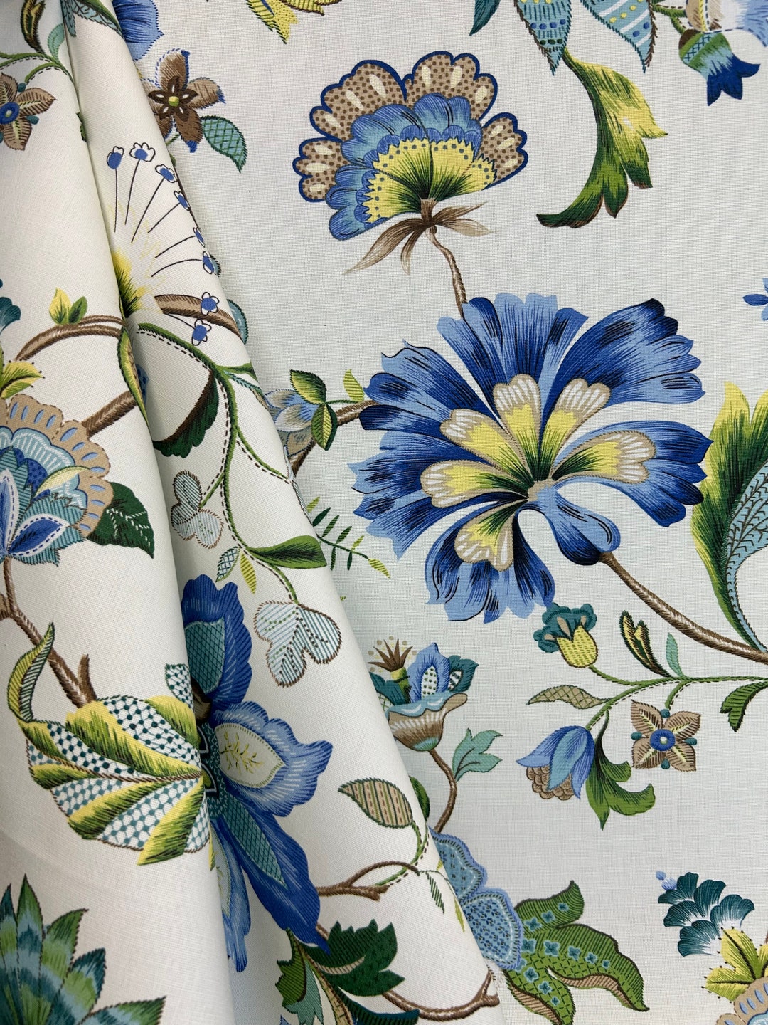Azabar True Blue Floral Drapery Fabric Upholstery Fabric Pillow Fabric