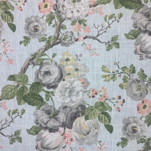 May include: A light blue fabric with a floral pattern featuring gray, white, and pink flowers. The flowers are arranged in a repeating pattern on a light blue background.