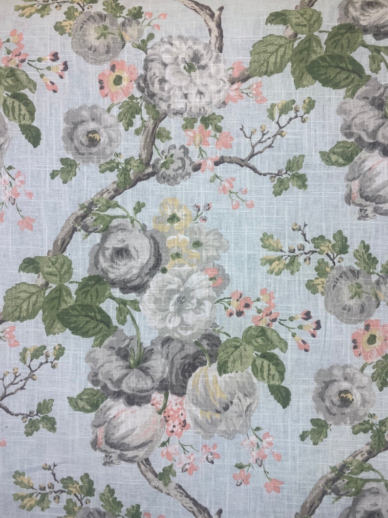 May include: A light blue fabric with a floral pattern featuring gray, white, and pink flowers. The flowers are arranged in a repeating pattern on a light blue background.