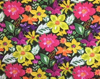 Bright Springtime Floral - Black Background - Okeefe - Accent Fabrics - Fabric by the Yard - Custom Cut Yardage - Home Decor - Pillows - Bed