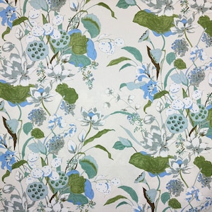 Lotus Garden Blue Olive Green Home Decor Floral Drapery Fabric