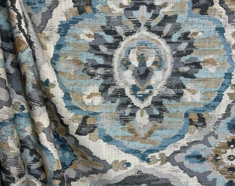 Zari Cloud - medallion - blue - gray - gold - upholstery fabric - drapery fabric - fabric by the yard