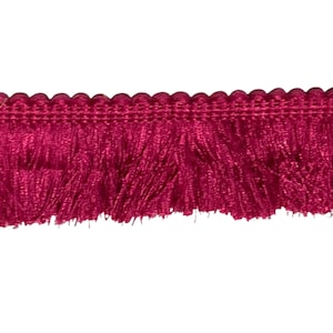 Può includere: Primo piano di una striscia di passamaneria con frange fucsia. La passamaneria presenta un bordo smerlato e lunghe frange strutturate. Il colore è un rosa vibrante e saturo, adatto a vari progetti di artigianato e design.