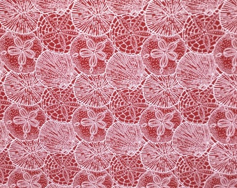 Red Sand Dollar and Seashell - Beach Decor - Coastal - Upholstery Fabric By The Yard - Custom Cut Yardage - Pillow Covers - Cushion Covers