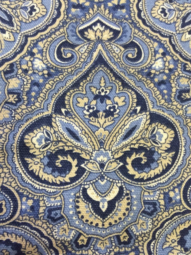 Navy Damask Blue Upholstery Fabric by the Yard Cream Medallion