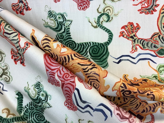 Himalaya Natural - Chinoiserie - Tigers - Dragons - Multicolored - Fabric by the Yard