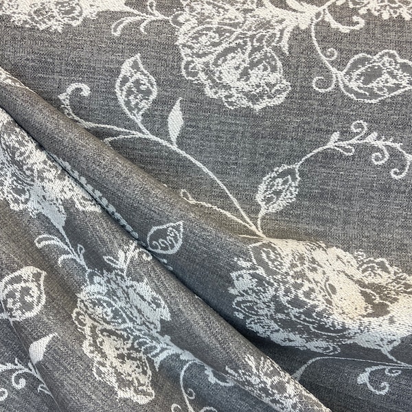 Gray and White Woven Damask - Soft Floral Fabric - Large Scale Pattern - Fabric by the Yard - Home Decor Fabric - Custom Cut Yardage