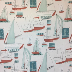 May include: A white background with a repeating pattern of sailboat drawings in black and white with red and blue accents. The words "Boat", "Sail", "Drawing", and "Pattern" are repeated throughout the design.