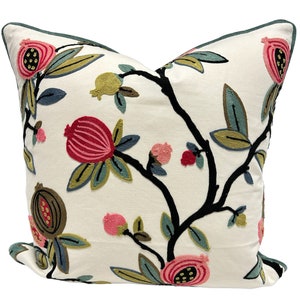 Roselyn Coral Crewel Pillow Cover with Seafoam Velvet Back and Welt