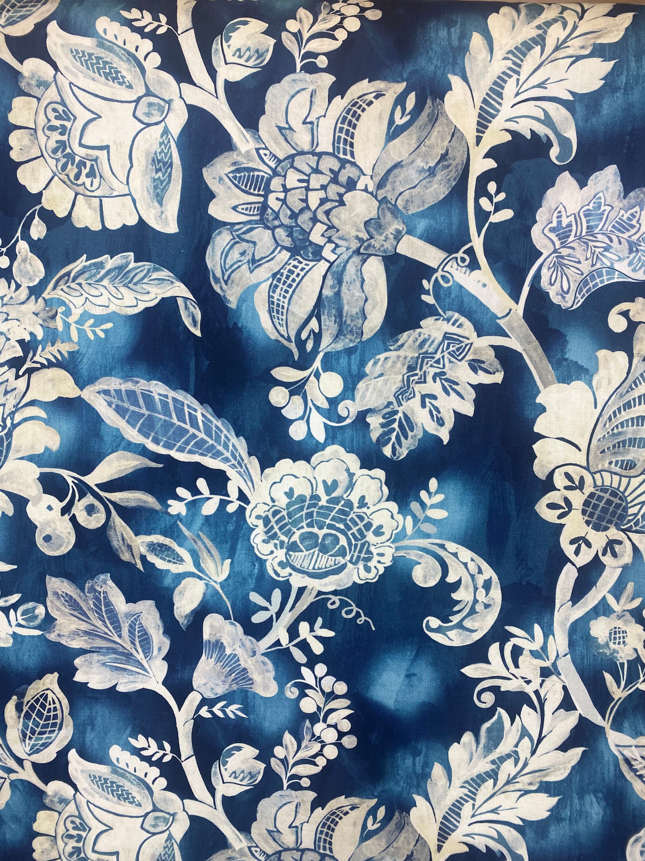 Blue and white drapery fabric deals