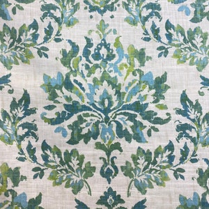 Island Damask - Isle Water - Linen Drapery Fabric - Floral Drapery - Vanessa 548 - Aqua - Green - Home Decor Fabric - Seaglass - Designer