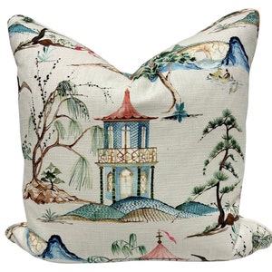 Okayama Flax Asian Chinoiserie Pillow Cover - Custom Cut Pillow Covers - Handmade Pillow Covers - Asian Inspired - Pagodas - Multicolored