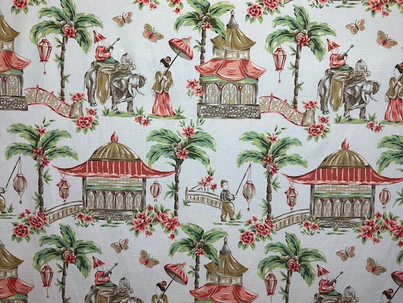 Mougin Coral Chinoiserie Upholstery Fabric Asian Toile Fabric