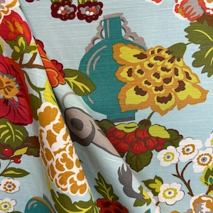 Asian Chinoiserie Royal Guardian Aqua Fabric - Asian Vases - Chinoiserie Upholstery Fabric - Fabric by the Yard
