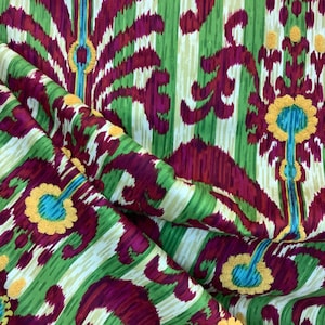 Java Moon - IMAN - Damask - Gold Embroidery Accent - Green Stripe Background - Purple Print - Fabric by the Yard - Custom Cut Yardage