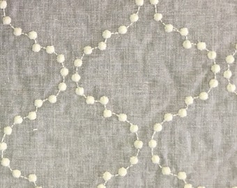 Gray Embroidered Linen - Textured White Embroidered dots  - Fast Shipping - Fabric by the Yard - Custom Cut Yardage - Pillows - Cushions