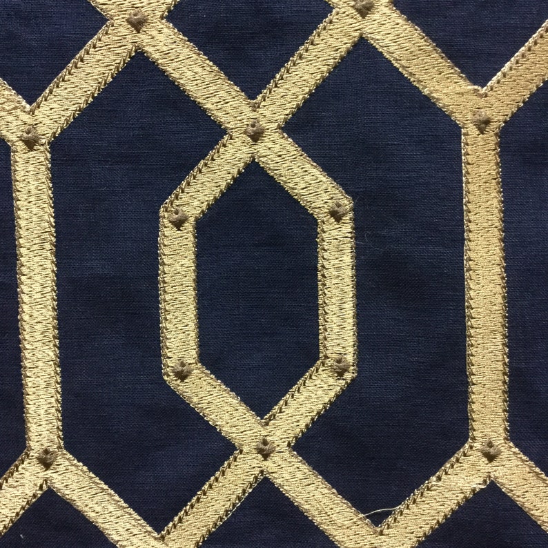 Navy and Gold Interlocking Embroidered Fabric by the Yard Etsy